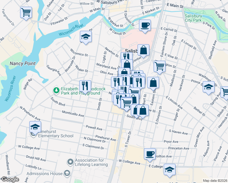 map of restaurants, bars, coffee shops, grocery stores, and more near 227 North Boulevard in Salisbury