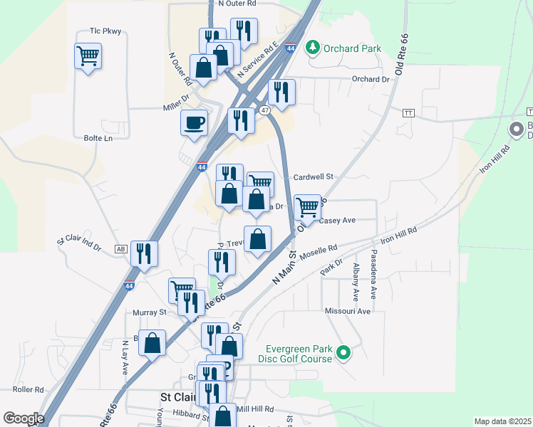 map of restaurants, bars, coffee shops, grocery stores, and more near 1020 Plaza Court South in Saint Clair