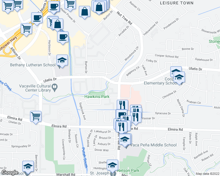 map of restaurants, bars, coffee shops, grocery stores, and more near 201 Coulter Way in Vacaville