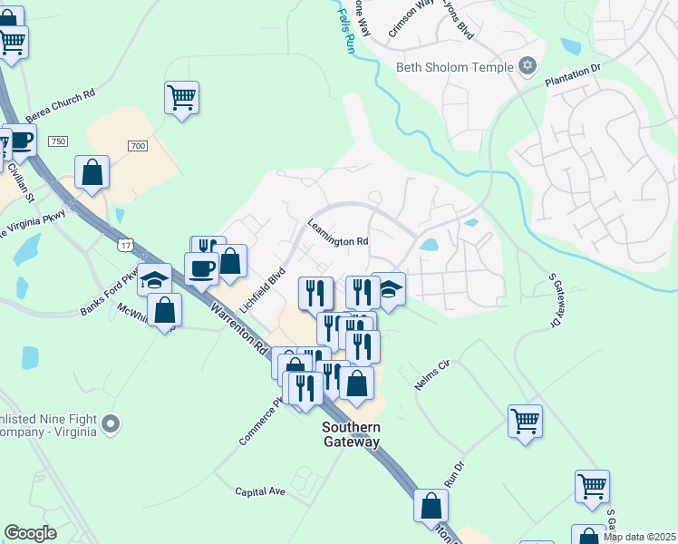 map of restaurants, bars, coffee shops, grocery stores, and more near 404 Barrows Court in Fredericksburg