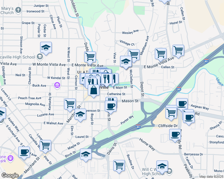 map of restaurants, bars, coffee shops, grocery stores, and more near 618 East Main Street in Vacaville