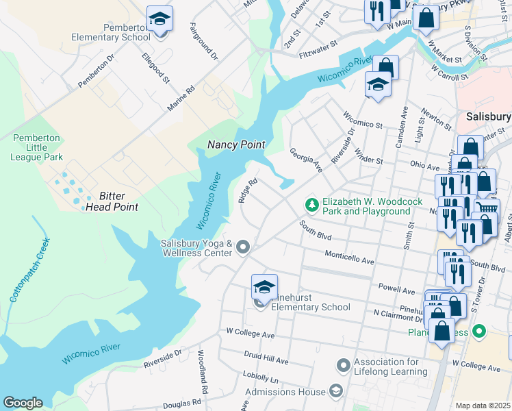 map of restaurants, bars, coffee shops, grocery stores, and more near 604 Crestview Lane in Salisbury