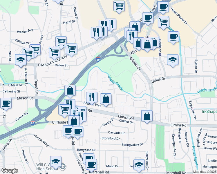 map of restaurants, bars, coffee shops, grocery stores, and more near 159 Aegean Way in Vacaville