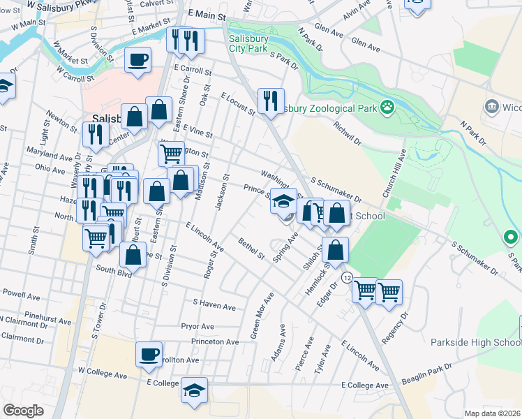 map of restaurants, bars, coffee shops, grocery stores, and more near 707 Roger Street in Salisbury