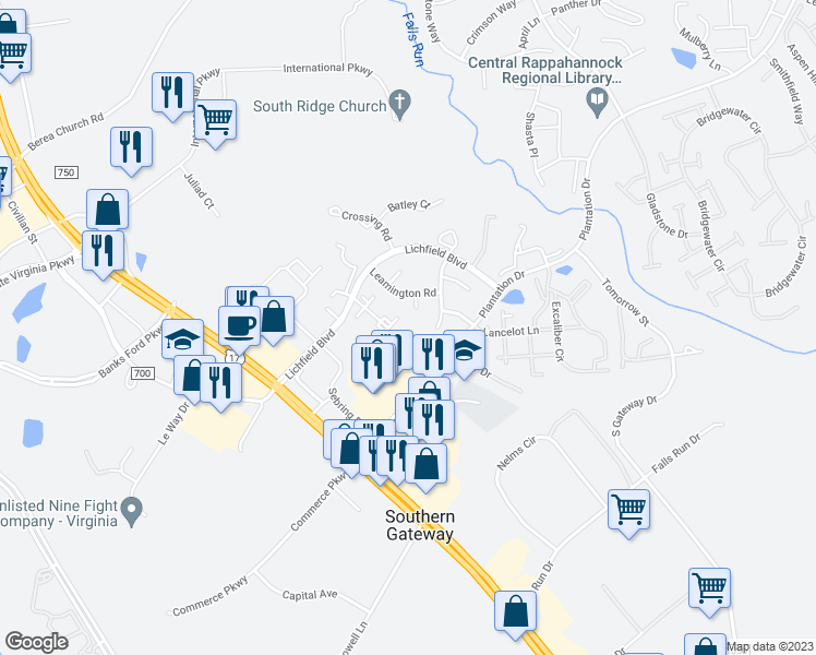 map of restaurants, bars, coffee shops, grocery stores, and more near 408 Barrows Court in Fredericksburg