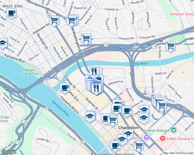 map of restaurants, bars, coffee shops, grocery stores, and more near 400 Clendenin Street in Charleston