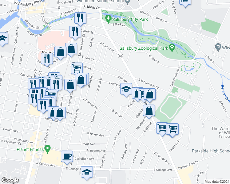 map of restaurants, bars, coffee shops, grocery stores, and more near 407 Grove Place in Salisbury