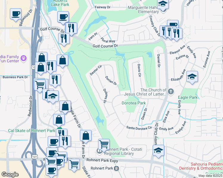 map of restaurants, bars, coffee shops, grocery stores, and more near 5743 Dallas Court in Rohnert Park
