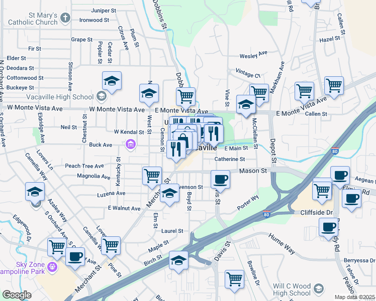 map of restaurants, bars, coffee shops, grocery stores, and more near 344 Main Street in Vacaville