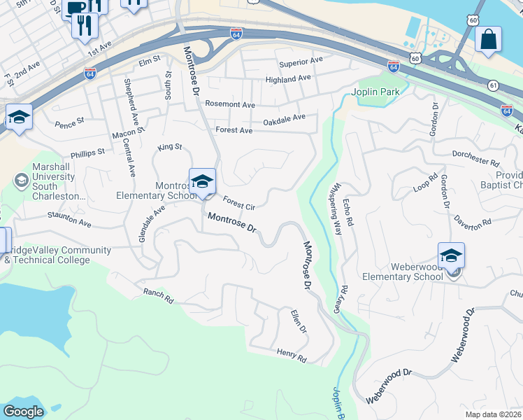 map of restaurants, bars, coffee shops, grocery stores, and more near 688-690 Forest Circle in South Charleston