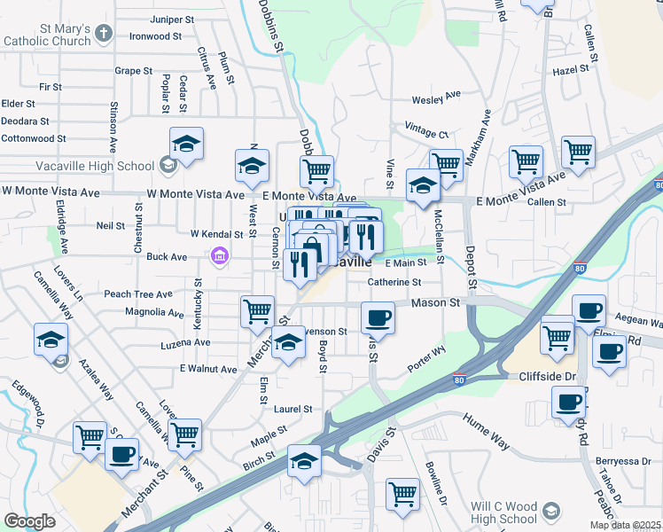 map of restaurants, bars, coffee shops, grocery stores, and more near 344 Main Street in Vacaville