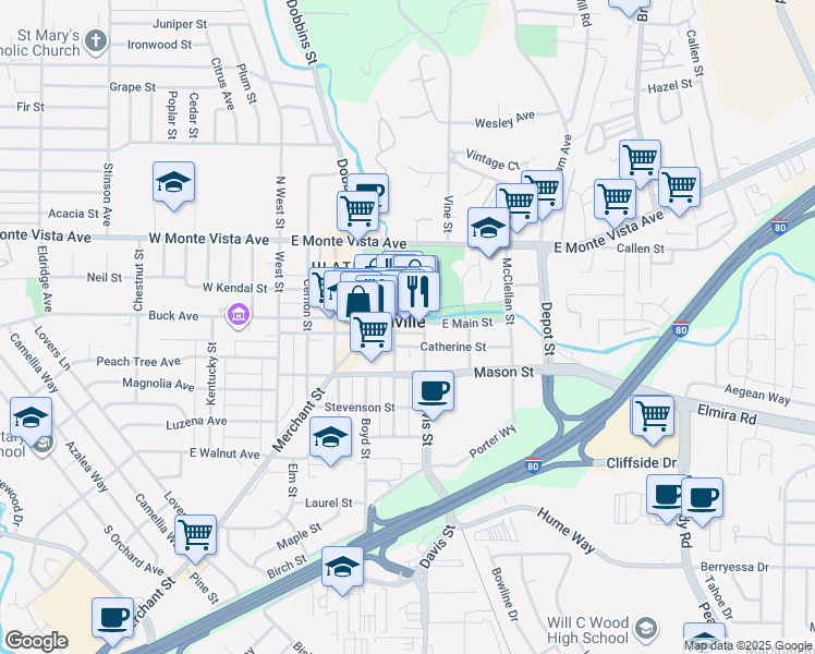 map of restaurants, bars, coffee shops, grocery stores, and more near in Vacaville