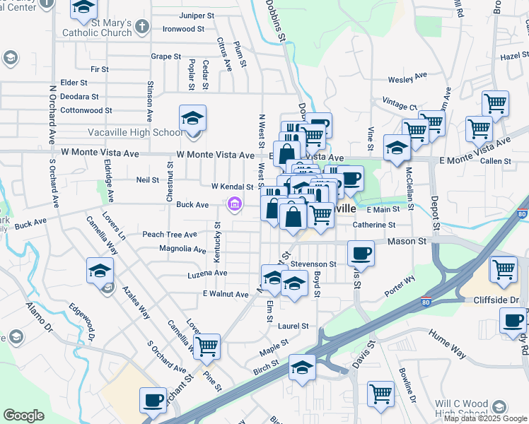 map of restaurants, bars, coffee shops, grocery stores, and more near 100 Main Street in Vacaville