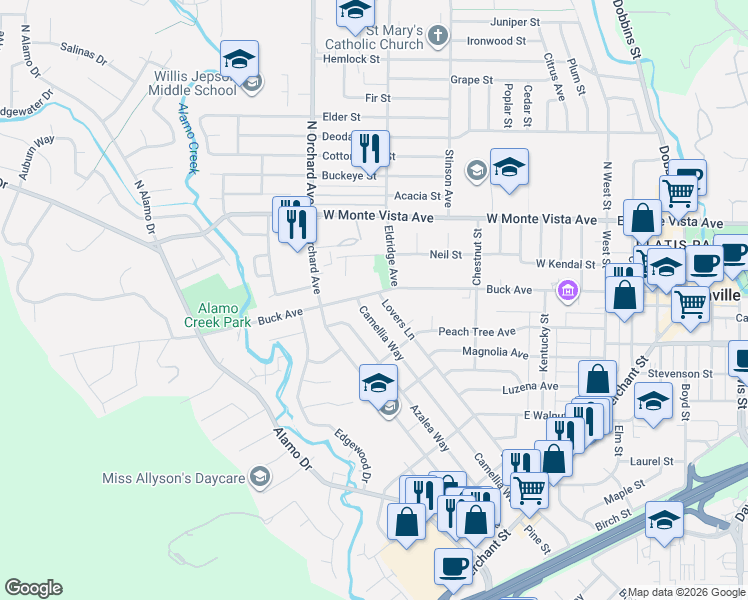 map of restaurants, bars, coffee shops, grocery stores, and more near 415 Buck Avenue in Vacaville