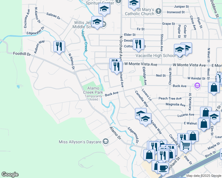 map of restaurants, bars, coffee shops, grocery stores, and more near 125 Anita Court in Vacaville