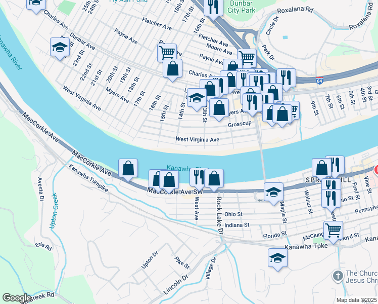 map of restaurants, bars, coffee shops, grocery stores, and more near 1310 Kanawha Avenue in Dunbar