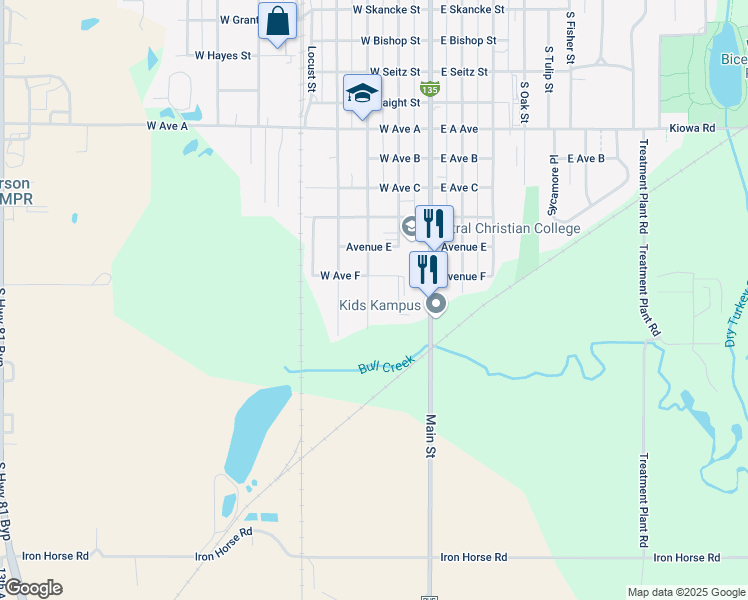 map of restaurants, bars, coffee shops, grocery stores, and more near 1317 S Walnut St in McPherson