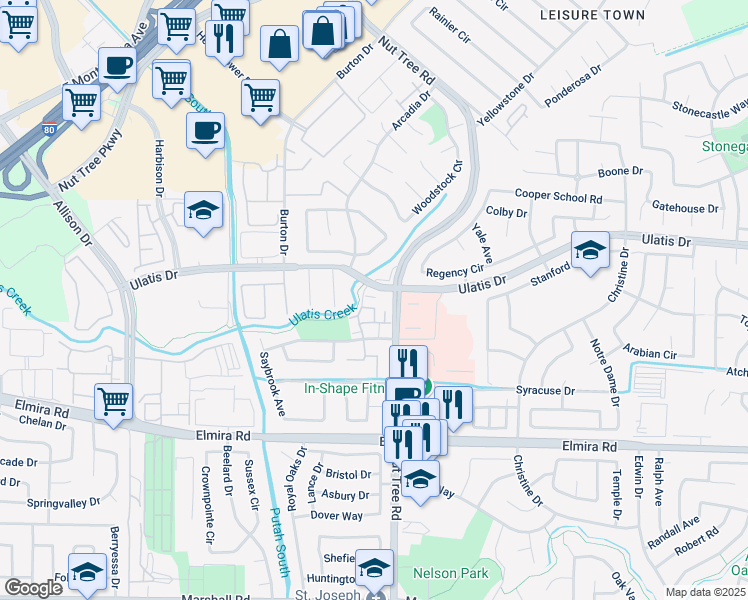 map of restaurants, bars, coffee shops, grocery stores, and more near 212 Coulter Way in Vacaville