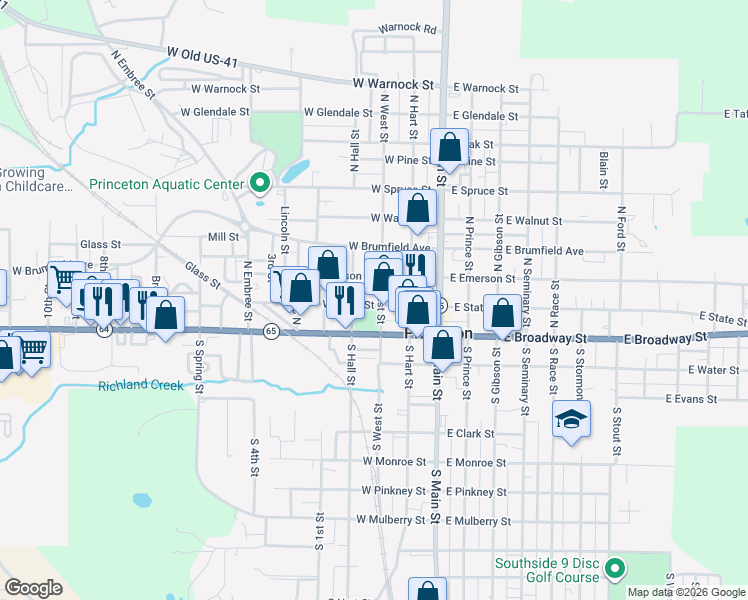 map of restaurants, bars, coffee shops, grocery stores, and more near 204 North West Street in Princeton