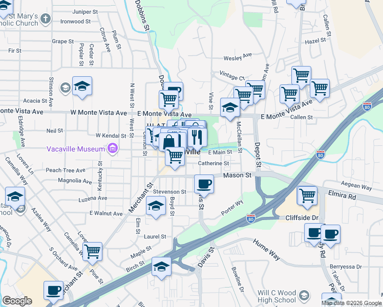 map of restaurants, bars, coffee shops, grocery stores, and more near in Vacaville