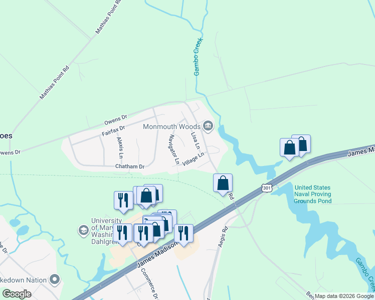 map of restaurants, bars, coffee shops, grocery stores, and more near 4115 Fern Court in King George