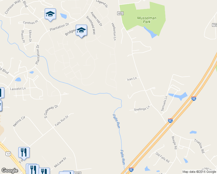 map of restaurants, bars, coffee shops, grocery stores, and more near 44 Goose Creek Cir in Fredericksburg