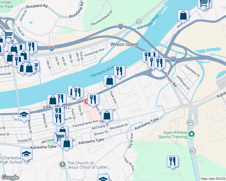 map of restaurants, bars, coffee shops, grocery stores, and more near 4301 Maccorkle Avenue Southwest in Charleston