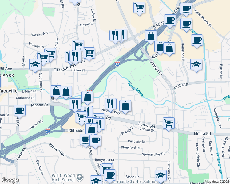 map of restaurants, bars, coffee shops, grocery stores, and more near 102 Sunset Drive in Vacaville