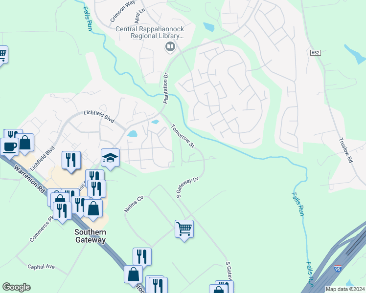map of restaurants, bars, coffee shops, grocery stores, and more near 203 England Pointe Drive in Fredericksburg