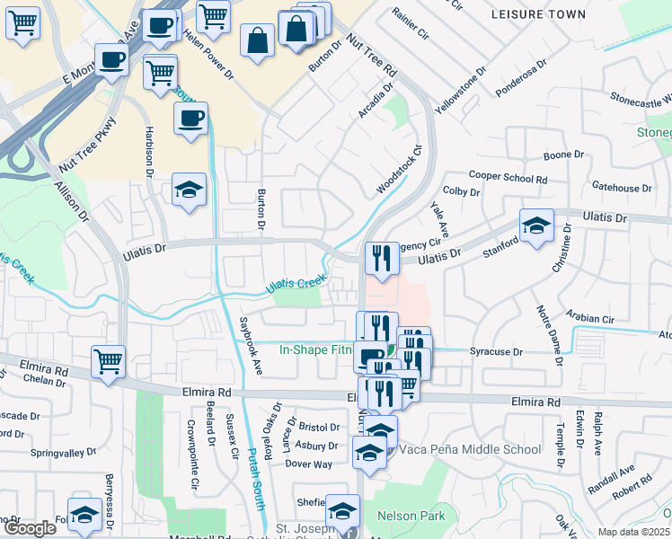 map of restaurants, bars, coffee shops, grocery stores, and more near 200 Coulter Way in Vacaville