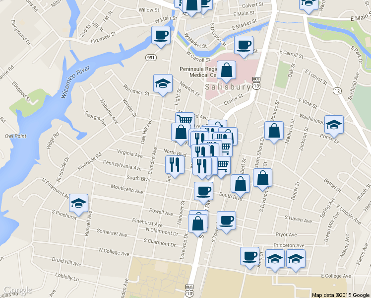 map of restaurants, bars, coffee shops, grocery stores, and more near 224 Hazel Avenue in Salisbury