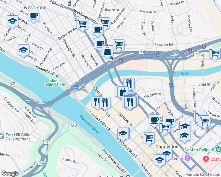 map of restaurants, bars, coffee shops, grocery stores, and more near 200 Civic Center Drive in Charleston