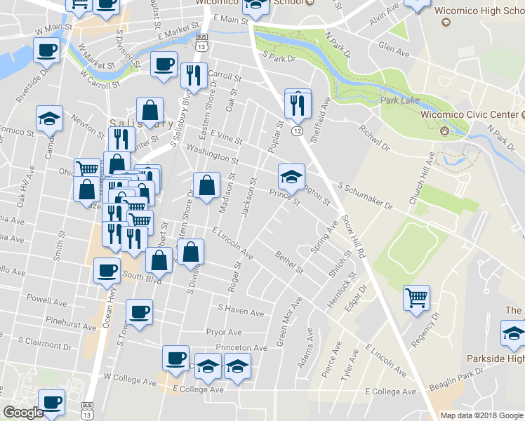 map of restaurants, bars, coffee shops, grocery stores, and more near 710 Roger Street in Salisbury