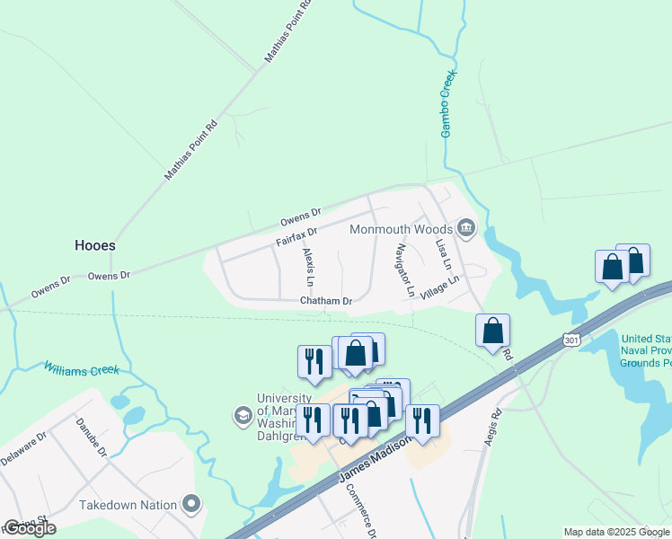 map of restaurants, bars, coffee shops, grocery stores, and more near 4248 Berkley Court in King George