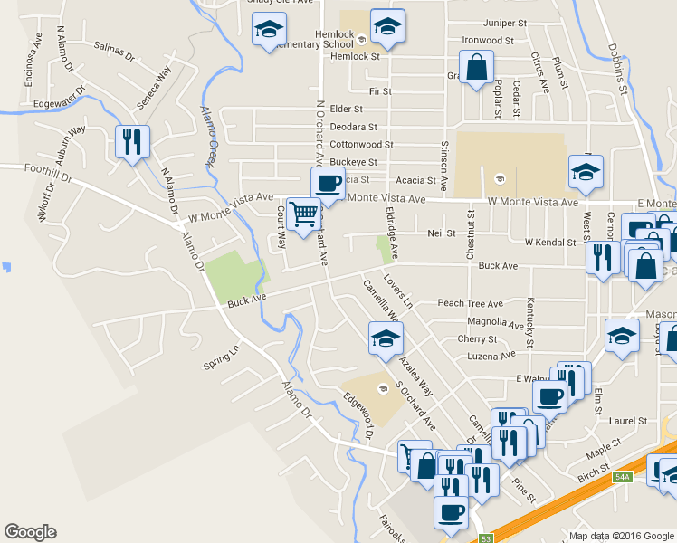map of restaurants, bars, coffee shops, grocery stores, and more near 480 Buck Avenue in Vacaville
