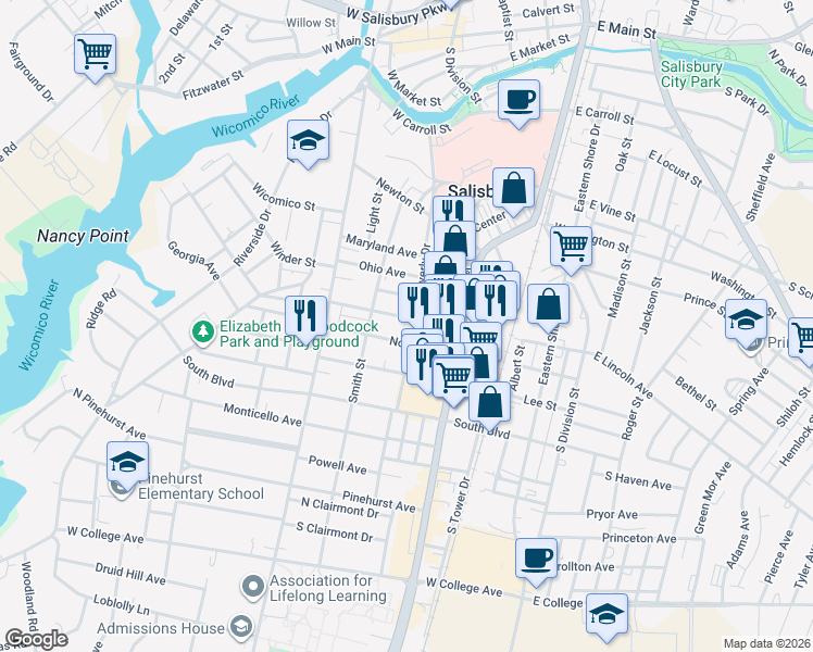 map of restaurants, bars, coffee shops, grocery stores, and more near 224 Hazel Avenue in Salisbury
