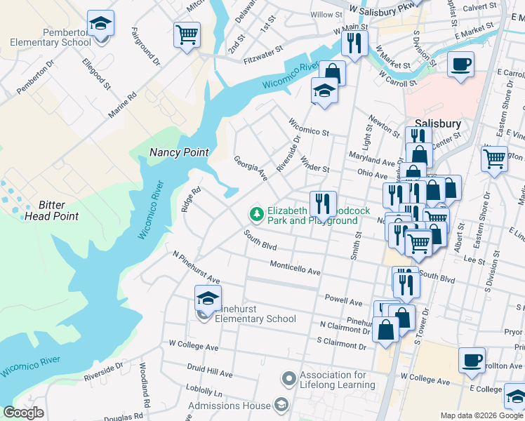 map of restaurants, bars, coffee shops, grocery stores, and more near 720 Riverside Road in Salisbury
