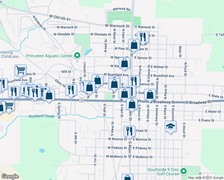 map of restaurants, bars, coffee shops, grocery stores, and more near 204 North West Street in Princeton