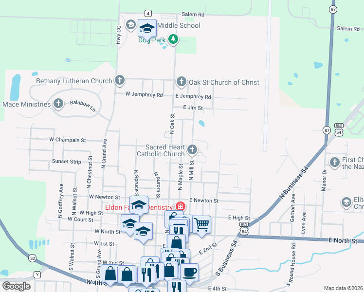 map of restaurants, bars, coffee shops, grocery stores, and more near 600 North Maple Street in Eldon