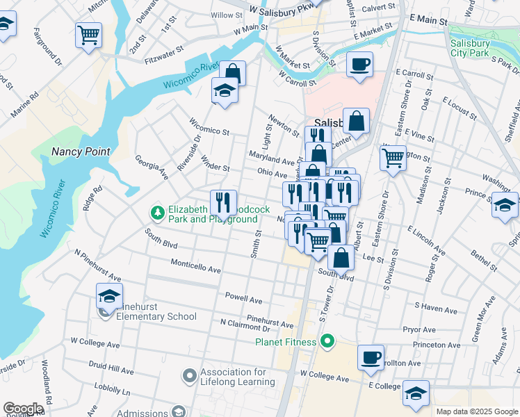 map of restaurants, bars, coffee shops, grocery stores, and more near 307 North Boulevard in Salisbury