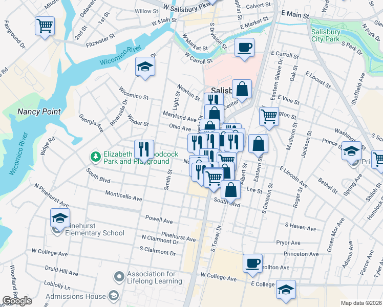 map of restaurants, bars, coffee shops, grocery stores, and more near 224 Hazel Avenue in Salisbury