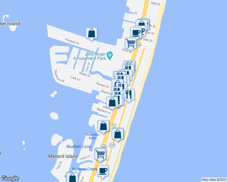 map of restaurants, bars, coffee shops, grocery stores, and more near 211 Sunset Drive in Ocean City