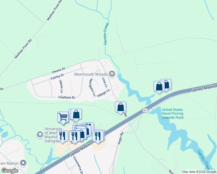 map of restaurants, bars, coffee shops, grocery stores, and more near 17069 Village Lane in King George