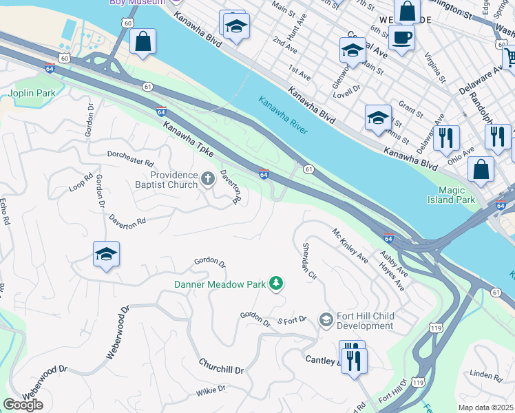 map of restaurants, bars, coffee shops, grocery stores, and more near 611 Wayside Drive in Charleston