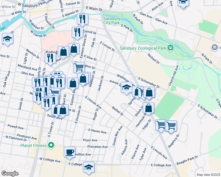 map of restaurants, bars, coffee shops, grocery stores, and more near 710 Roger Street in Salisbury