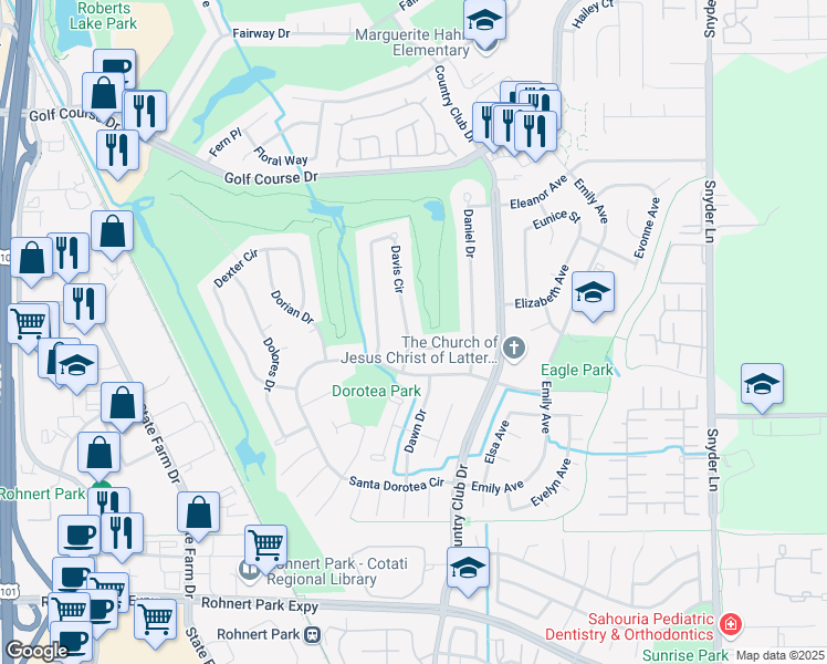 map of restaurants, bars, coffee shops, grocery stores, and more near 5692 Davis Circle in Rohnert Park