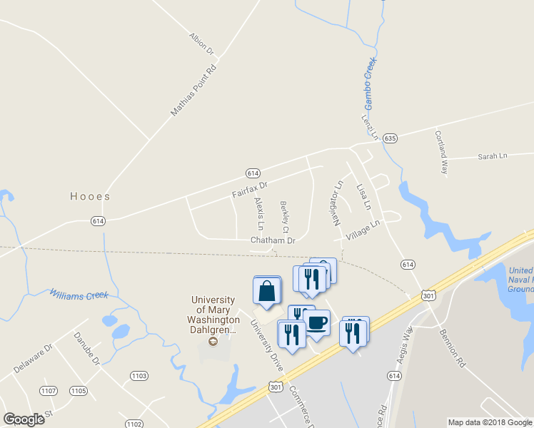 map of restaurants, bars, coffee shops, grocery stores, and more near 4261 Alexis Lane in King George