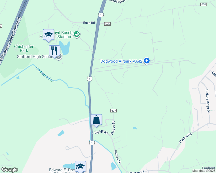 map of restaurants, bars, coffee shops, grocery stores, and more near 1504 Forbes Street in Fredericksburg