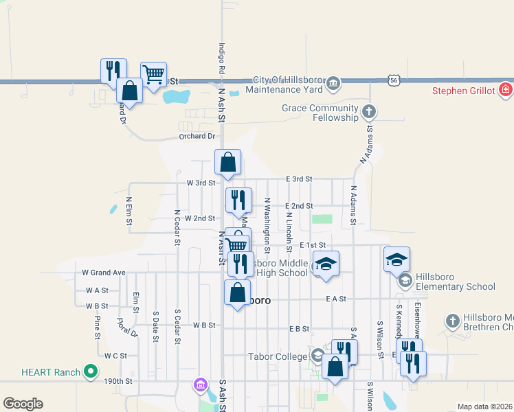 map of restaurants, bars, coffee shops, grocery stores, and more near 153 E 2nd St in Hillsboro