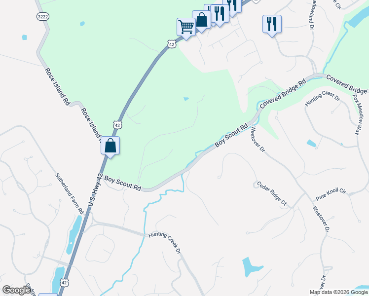 map of restaurants, bars, coffee shops, grocery stores, and more near 7734 Woodbridge Hill Lane in Prospect